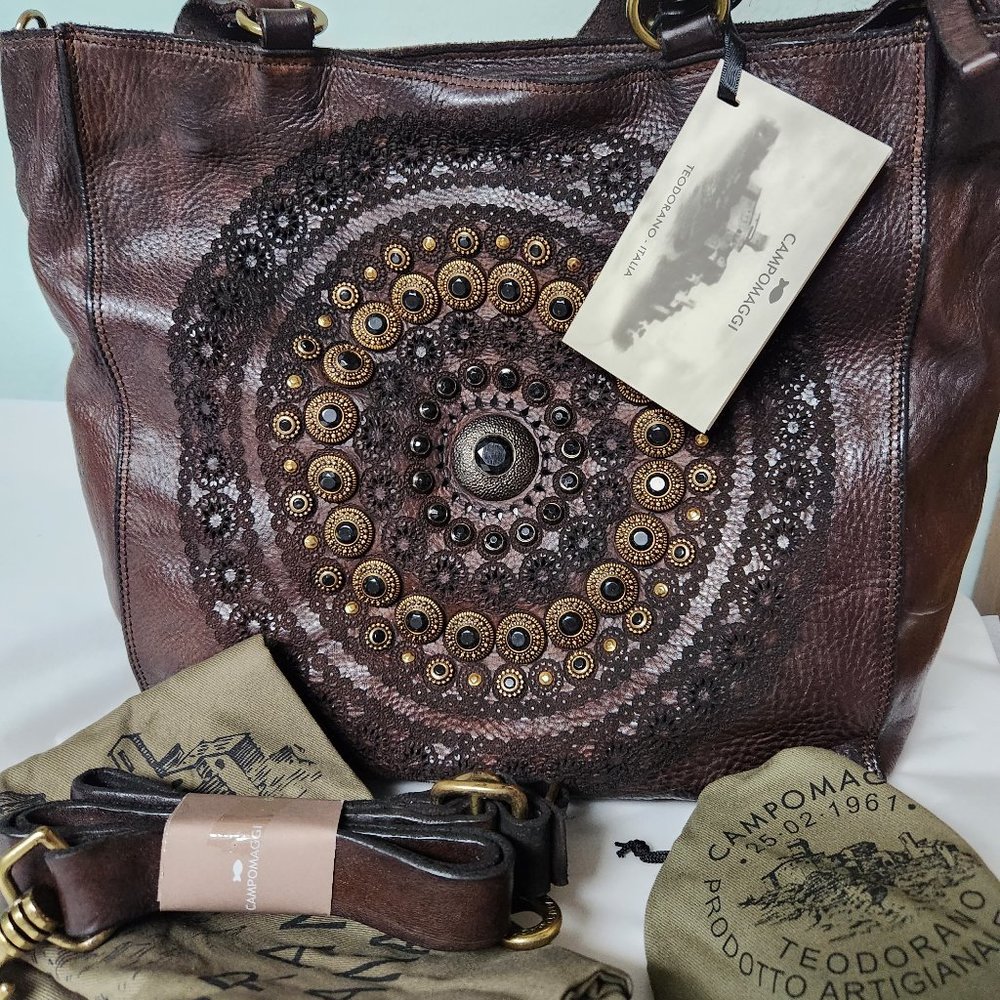Campomaggi Studded Larimar Shopper Zip Top Double Handles NWT Brown - Picture 7 of 8